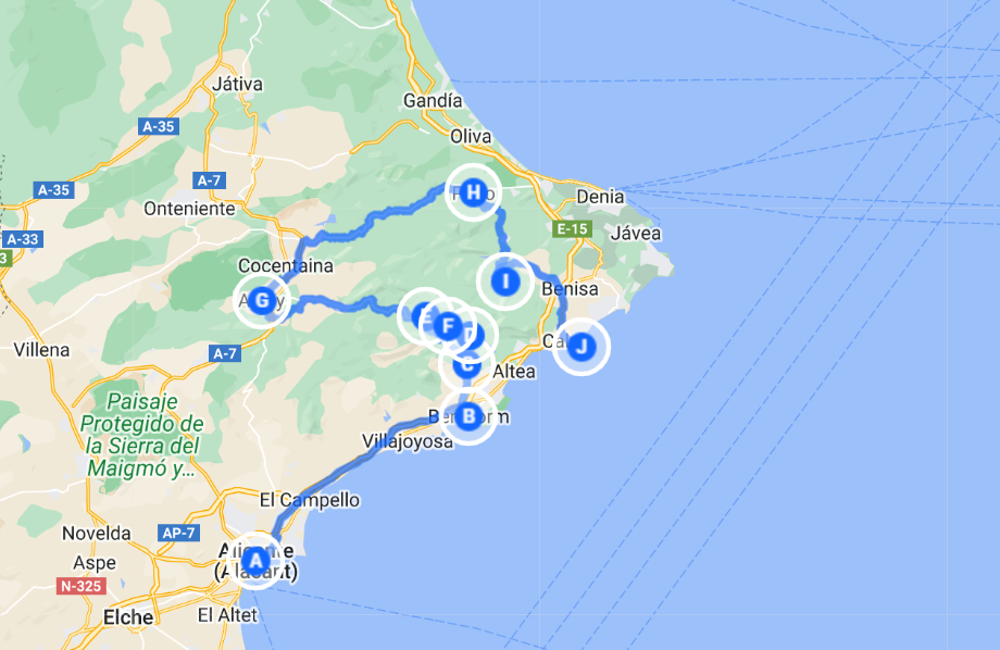 Itinerario de la ruta desde Alicante hasta el Peñón de Ifach